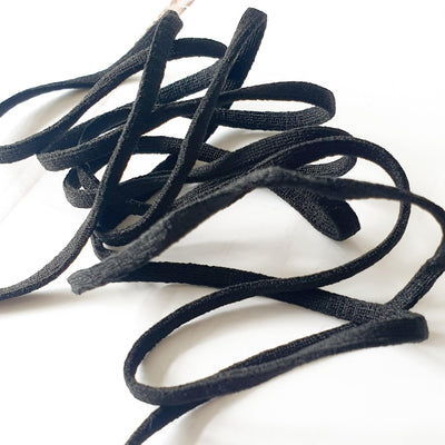 4mm / 1/8" BLACK flat soft tubular elastic cord - Purple Stitches