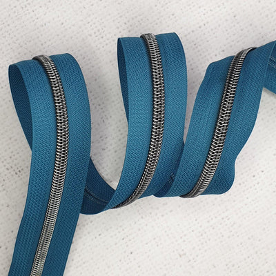 Peacock Blue Zipper Tape with Gunmetal Coil Teeth - Size 5 Zip - Shop online and in store at Purple Stitches, Basingstoke, Hampshire UK
