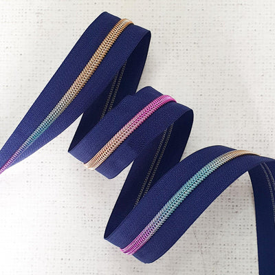 Navy Blue Zipper Tape with Rainbow Coil Teeth - Size 5 Zip - Shop online and in store at Purple Stitches, Basingstoke, Hampshire UK