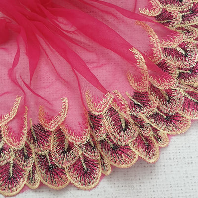 HOT PINK Feather Embroidered Single Edge Lace - 23cm - Shop online and in store at Purple Stitches, Basingstoke, Hampshire UK