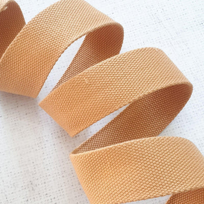 1.5 inches / 38mm Thick Cotton Webbing - Tan - Purple Stitches