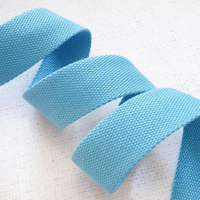 1.5 inches / 38mm Thick Cotton Webbing - Sky Blue - Purple Stitches