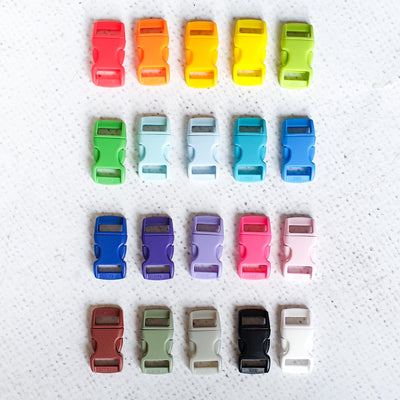 Assorted colourful plastic buckles on a textured white background
KAM Plastic Side Release Buckle 10mm – Durable coloured buckle suitable for 10mm straps, ideal for bag making, rucksacks, belts, and pet accessories