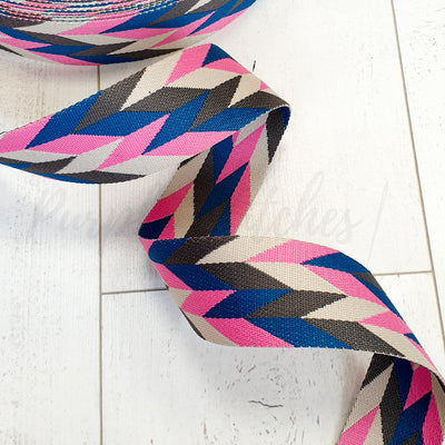 Blue Pink Chevron Geometric Webbing – 2 Inch Wide Strap for Bag Making | Blue Pink Zigzag Woven Strap Webbing
