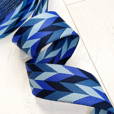 Blue Chevron Geometric Webbing – 2 Inch Wide Strap for Bag Making | Blue Zigzag Woven Strap Webbing