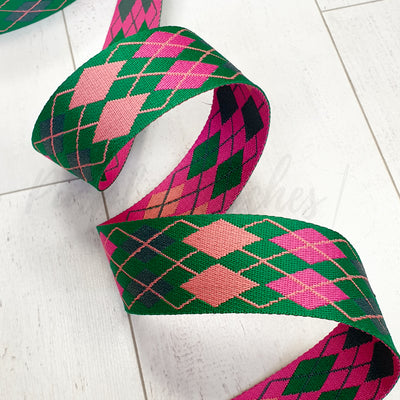 Argyle diamond webbing in bold colours. 2 inches wide – perfect for bag straps, belts & bold accessories. Sold by the metre.
