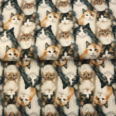 The Maine Coon Gathering - Digital Printed Cotton Jersey, SKU: 25242. A highly detailed digital print on cotton jersey featuring lifelike portraits of Maine Coon cats in natural tones, arranged in a dense repeat pattern. OEKO-TEX certified, soft and stretchy—perfect for animal lovers, cosy garments, and unique sewing projects.

