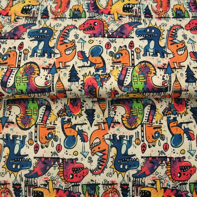 Cute Little Monsters - Digital Printed Cotton Jersey, SKU: 25247-13. A vibrant and playful cotton jersey fabric featuring hand-drawn style monsters in a mix of orange, blue, pink, yellow, and green, scattered with doodles on a cream background. OEKO-TEX certified and ideal for children’s clothing, pyjamas, and bold creative projects.