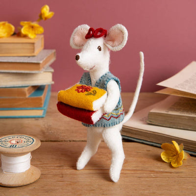 Stuffed mouse toy with a bow and books in the background Little Mouse the Librarian Felt Craft Mini Kit – Complete DIY sewing kit with felt, thread, needle, stuffing, and instructions to make a mouse decoration