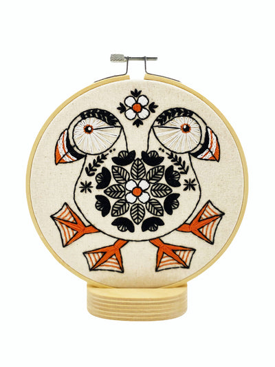 Embroidery hoop with owl design on a white background Puffin Embroidery Kit – DIY embroidery kit in modern Scandi folk style, includes fabric, hoop, floss, needle, and instructions – Ambitious Beginner Friendly