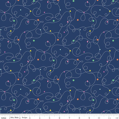 C13732-NAVY – Squiggles Navy from the Effervescence collection by Riley Blake Designs is a dark navy cotton fabric with playful white squiggly lines winding across the surface, accented with colourful geometric shapes in green, pink, yellow, orange, and light blue. Ideal for modern quilts, vibrant children's clothing, and fun sewing projects with a bold twist.