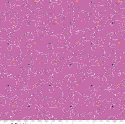 Squiggles Purple - Effervescence - Riley Blake Designs, SKU: C13732-PURPLE. A vibrant quilting cotton featuring playful white squiggle lines and multi-coloured confetti shapes on a bold purple background. Perfect for kids’ projects, accessories, and energetic patchwork designs.