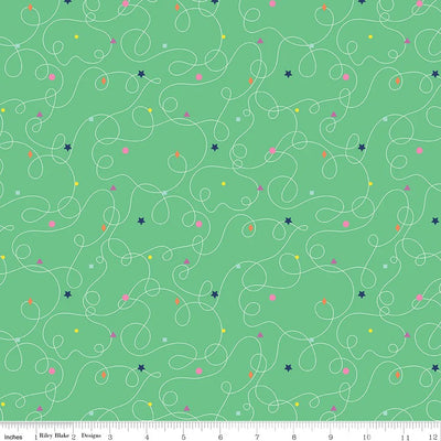 Squiggles Spearmint - Effervescence - Riley Blake Designs, SKU: C13732-SPEARMINT. A lively quilting cotton featuring white swirling lines and colourful confetti-style shapes on a spearmint green background. Ideal for children's sewing, bright quilts, and energetic accessories.