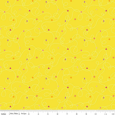 Squiggles Yellow - Effervescence - Riley Blake Designs, SKU: C13732-YELLOW. A vibrant quilting cotton with white curly squiggle lines and colourful shapes scattered across a sunny yellow background. Ideal for cheerful quilts, kids' projects, and energetic handmade gifts.