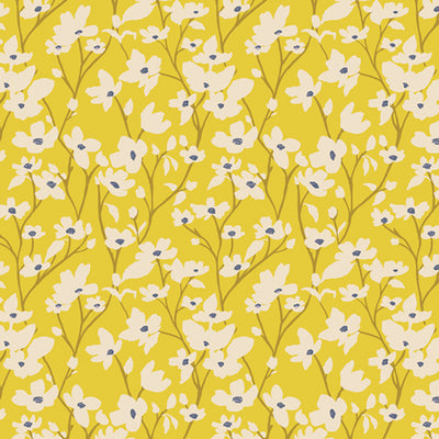 Dogwood Sunlight fabric (SKU: FRE32315) by Katie O’Shea (Fresh Linen collection, Art Gallery Fabrics) — 100% premium quilting cotton, approx. 44-45in wide and 125 g/sqm. Featuring delicate dogwood-style white blossoms with petite blue accents against a sunny yellow ground, this print evokes warm afternoons and garden blooms. Ideal for quilts, dressmaking, home décor, and projects that celebrate flourishing florals and bright, cheerful tones.