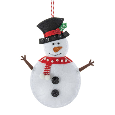 Decorative snowman ornament with a top hat, scarf, and buttons on a white background Snowman – Felt Decoration Kit (SKU GCK204) with pre-cut white and red felt shapes, thread, needle, and stuffing for making a festive handmade ornament