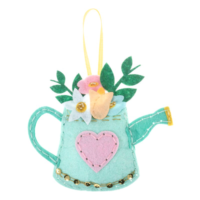 Watering Can – Felt Decoration Kit (SKU GCK234) with pre-cut blue felt shapes, thread, needle, and stuffing for making a handmade hanging ornament, finished size approx. 11 x 10cm. Do not wash.