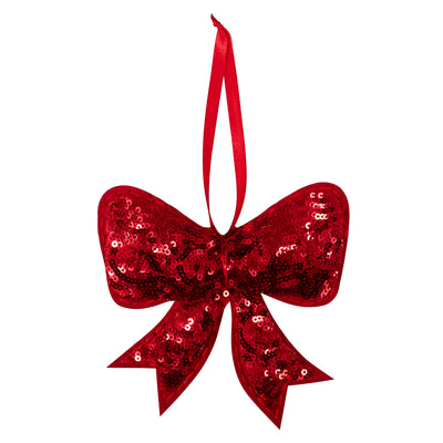 Red sequin bow ornament on a white background Christmas Sequin Bow – Felt Decoration Kit (SKU GCK238) with pre-cut red and white felt shapes, sequins, thread, needle, and stuffing for making a sparkling handmade Christmas ornament, finished size approx. 14 x 11.5cm. Do not wash.