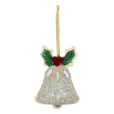 Decorative bell ornament with holly leaves and berries on a white  background.  Christmas Beaded Bell – Felt Decoration Kit (SKU GCK242) with pre-cut red and white felt shapes, beads, thread, needle, and stuffing for making a festive handmade Christmas ornament,