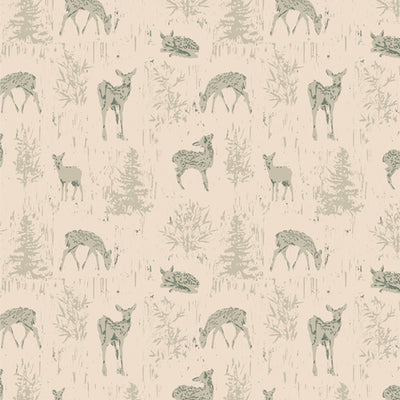 Yearling Camouflage by Art Gallery Fabrics (SKU: JUN22106) – a premium cotton print from the Juniper collection by Sharon Holland featuring hand-drawn deer in earthy woodland tones. Ideal for winter quilts, rustic home décor, and nature-inspired projects.