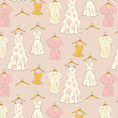 Tailor Made - Sew Obsessed - Art Gallery Fabrics, SKU: SEW24911. A sewing-themed cotton print featuring hand-drawn dresses and garments in soft blush, yellow, and cream tones. OEKO-TEX certified, ideal for quilting, fussy cutting, and handmade projects that reflect your passion for sewing.