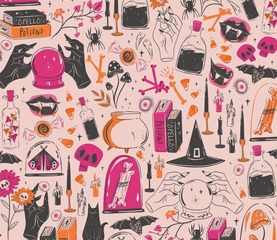 Witching Hour - Sweet n Spookier - Art Gallery Fabrics, SKU: SNS13039. A spooky and whimsical Halloween print featuring potions, skulls, witches, and spellbooks in vibrant pink, orange, and black tones. OEKO-TEX certified quilting cotton perfect for Halloween sewing projects, costumes, and festive décor.