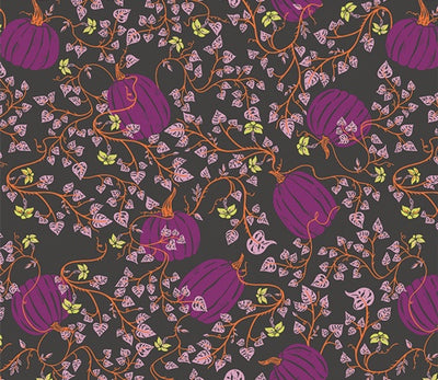Pumpkin Patch Deep - Spooky n Witchy - Art Gallery Fabrics, SKU: SNS13051. A bold Halloween cotton print with vivid purple pumpkins, swirling vines, and colourful leaves on a charcoal black background. OEKO-TEX certified quilting fabric, perfect for spooky-season quilts, festive décor, and statement sewing projects.