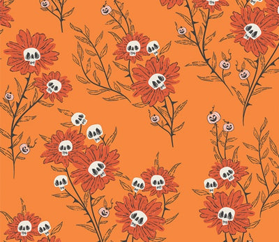Wicked Blooms Spice - Spooky n Witchy - Art Gallery Fabrics, SKU: SNS13054. A vivid Halloween cotton fabric featuring orange floral blooms with skull centres and delicate black vines on a spice-orange background. OEKO-TEX certified and ideal for festive sewing, spooky quilts, and seasonal decorations.

