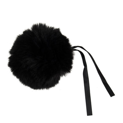 Black fur pom-pom with ribbons on a white background Faux Fur Pom Pom 11cm – Soft, fluffy pom pom accessory for hats, scarves, bags, keyrings, and crafts – available in multiple colours