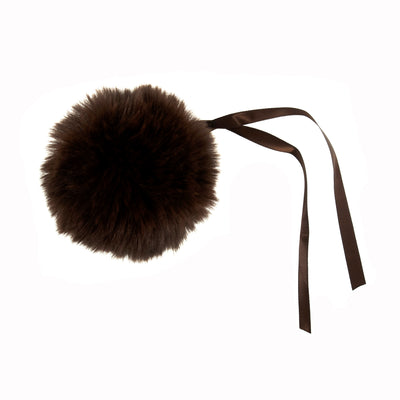 Brown fur pom-pom with a ribbon on a white background Faux Fur Pom Pom 11cm – Soft, fluffy pom pom accessory for hats, scarves, bags, keyrings, and crafts – available in multiple colours