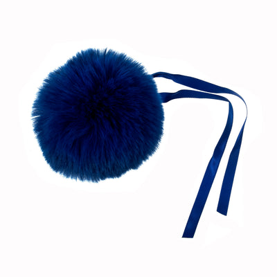 Blue fluffy pom-pom with a ribbon on a white background Faux Fur Pom Pom 11cm – Soft, fluffy pom pom accessory for hats, scarves, bags, keyrings, and crafts – available in multiple colours