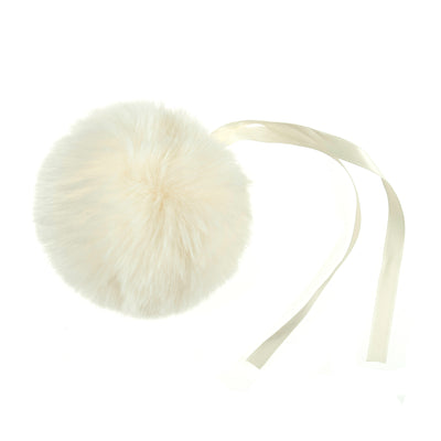 White pom-pom with a ribbon on a white background Faux Fur Pom Pom 11cm – Soft, fluffy pom pom accessory for hats, scarves, bags, keyrings, and crafts – available in multiple colours