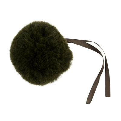 Dark green fur pom-pom with a brown ribbon on a white background Faux Fur Pom Pom 11cm – Soft, fluffy pom pom accessory for hats, scarves, bags, keyrings, and crafts – available in multiple colours