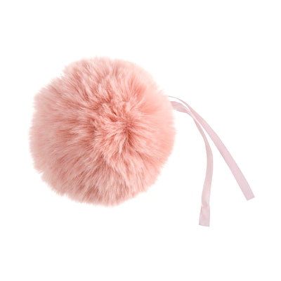 Pink fluffy pom-pom with a ribbon on a white background Faux Fur Pom Pom 11cm – Soft, fluffy pom pom accessory for hats, scarves, bags, keyrings, and crafts – available in multiple colours