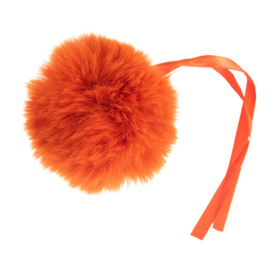 Orange fluffy pom-pom with a string on a white background Faux Fur Pom Pom 11cm – Soft, fluffy pom pom accessory for hats, scarves, bags, keyrings, and crafts – available in multiple colours