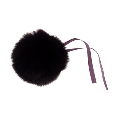 purple fur pom-pom with a purple ribbon on a white background Faux Fur Pom Pom 11cm – Soft, fluffy pom pom accessory for hats, scarves, bags, keyrings, and crafts – available in multiple colours