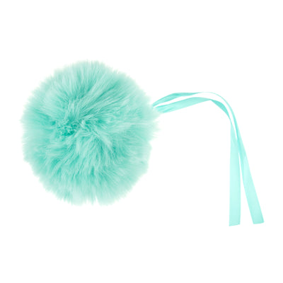 Turquoise fluffy pom-pom with a ribbon on a white background Faux Fur Pom Pom 11cm – Soft, fluffy pom pom accessory for hats, scarves, bags, keyrings, and crafts – available in multiple colours