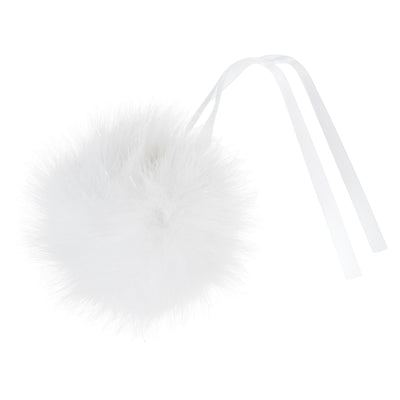 white fluffy pom-pom accessory with a strap on a white background Faux Fur Pom Pom 11cm – Soft, fluffy pom pom accessory for hats, scarves, bags, keyrings, and crafts – available in multiple colours