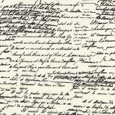 A cream cotton fabric printed with elegant black calligraphy script in various styles and sizes, creating a vintage, handwritten manuscript effect. Ideal for low-volume quilting, subtle backgrounds, literary-themed sewing, and classic patchwork projects.