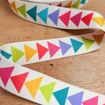 Flying Geese Webbing Tape – geometric jacquard bag strap in bold colours, 38mm wide, ideal for handmade bags and belts, sold by the metre

