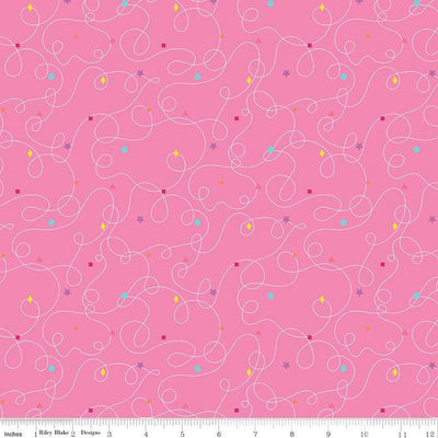Squiggles Pink - Effervescence - Riley Blake Designs, SKU: C13732-PINK. A bright and playful quilting cotton featuring white squiggle lines and multicoloured geometric accents on a hot pink background. Perfect for children's sewing projects, quilts, and accessories full of energy and charm.