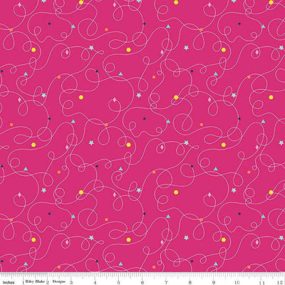 C13732-HOTPINK – Squiggles Hot Pink from the Effervescence collection by Riley Blake Designs is a bold and energetic cotton fabric with white looping squiggle lines scattered across a vibrant hot pink background, accented by colourful shapes in yellow, red, blue, and aqua. Perfect for modern quilting, fun kids’ garments, and playful sewing projects.