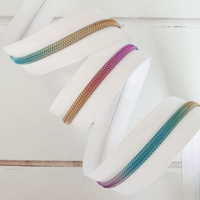 White Zipper Tape with Rainbow Coil Teeth - Size 5 Zip - Shop online and in store at Purple Stitches, Basingstoke, Hampshire UK
