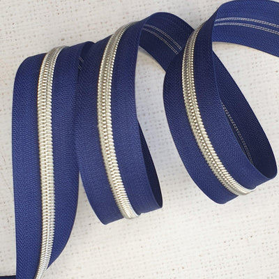 Navy Blue Zipper Tape with Silver Coil Teeth - Size 5 Zip - Shop online and in store at Purple Stitches, Basingstoke, Hampshire UK