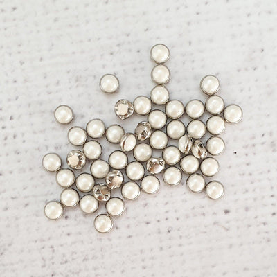 4mm Mini Pearl Button - Silver - Purple Stitches