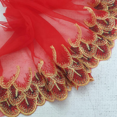 Red Feather Embroidered Single Edge Lace - 23cm - Shop online and in store at Purple Stitches, Basingstoke, Hampshire UK
