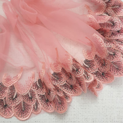 PINK Feather Embroidered Single Edge Lace - 23cm - Shop online and in store at Purple Stitches, Basingstoke, Hampshire UK